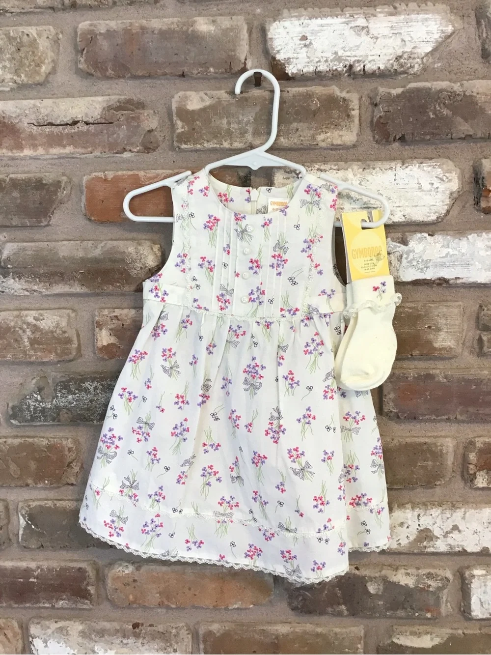 GYMBOREE Baby Girl Cream Pink Purple Floral Sundress Bloomers & Socks NEW